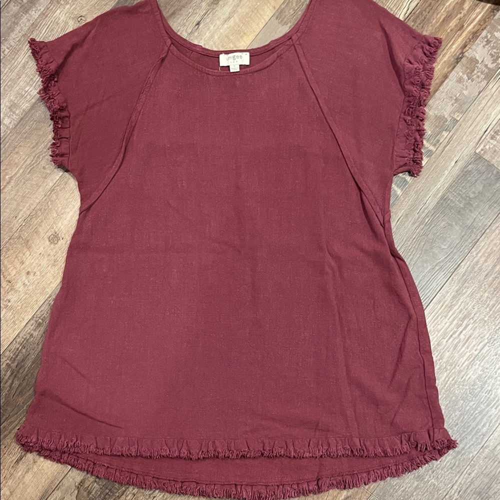 Umgee Maroon Short Sleeve Fringe Top